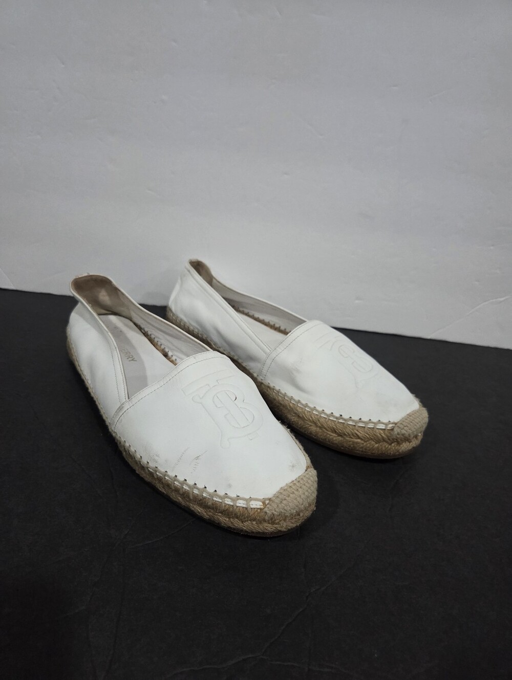Burberry Tabitha White Leather Espadrille Flats with Jute Trim Sz.39
